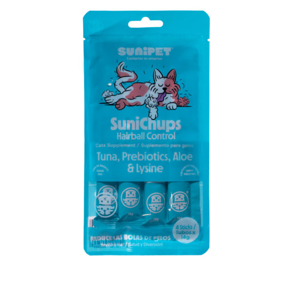 SUNICHUPS HAIRBALL CONTROL  TUNA, PREBIOTICS,ALOE Y LYSINE 4 UNIDADES 14 gr